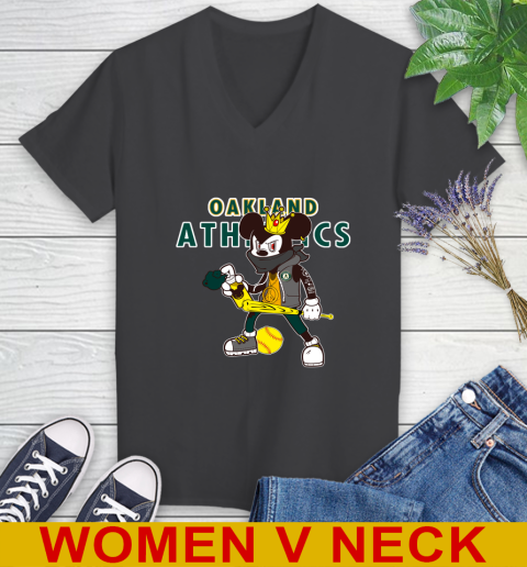 Oakland Athletics MLB Baseball Mickey Peace Sign Sports Women's V-Neck T-Shirt 9