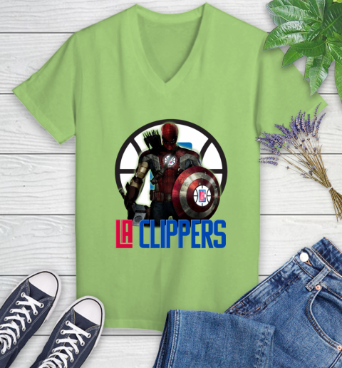 LA Clippers NBA Basketball Captain America Thor Spider Man Hawkeye Avengers Women's V-Neck T-Shirt 11