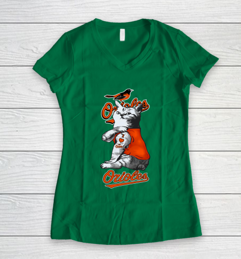 MLB Baseball My Cat Loves Baltimore Orioles Women's V-Neck T-Shirt 3
