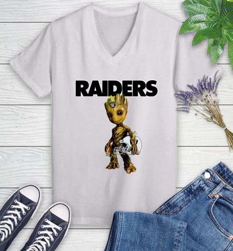 Oakland Raiders NFL Football Groot Marvel Guardians Of The Galaxy Women's V-Neck T-Shirt
