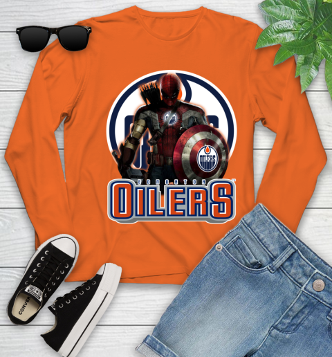 NHL Captain America Thor Spider Man Hawkeye Avengers Endgame Hockey Edmonton Oilers Youth Long Sleeve 4