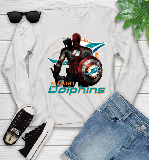 NFL Captain America Thor Spider Man Hawkeye Avengers Endgame Football Miami Dolphins Youth Long Sleeve