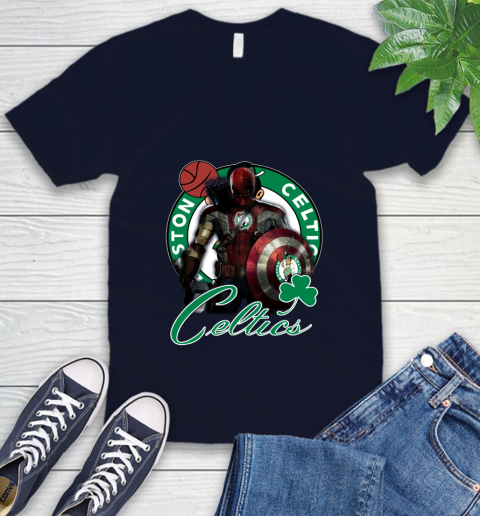 Boston Celtics NBA Basketball Captain America Thor Spider Man Hawkeye Avengers V-Neck T-Shirt 3