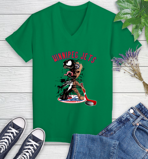 NHL Winnipeg Jets Hockey Venom Groot Guardians Of The Galaxy Women's V-Neck T-Shirt 5