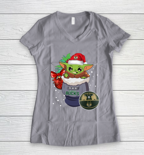Milwaukee Bucks Christmas Baby Yoda Star Wars Funny Happy NBA Women's V-Neck T-Shirt 4