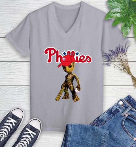 MLB Philadelphia Phillies Groot Guardians Of The Galaxy Baseball Women's V-Neck T-Shirt 4