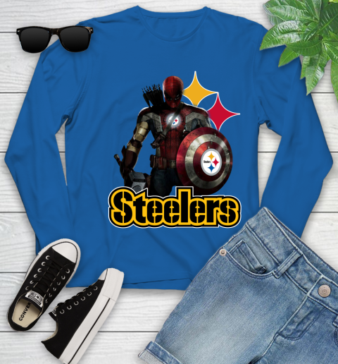 NFL Captain America Thor Spider Man Hawkeye Avengers Endgame Football Pittsburgh Steelers Youth Long Sleeve 9