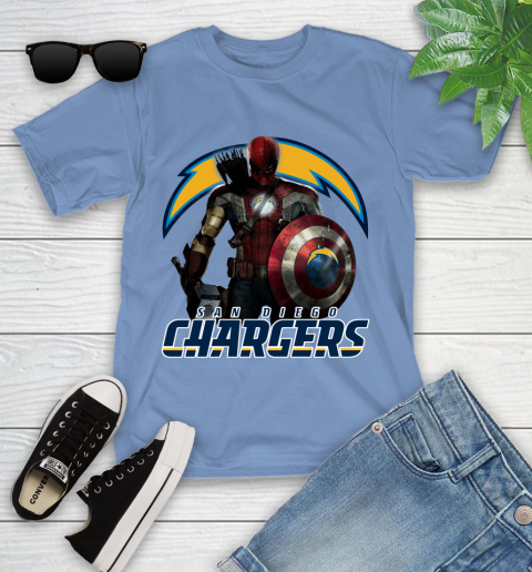 NFL Captain America Thor Spider Man Hawkeye Avengers Endgame Football San Diego Chargers Youth T-Shirt 11