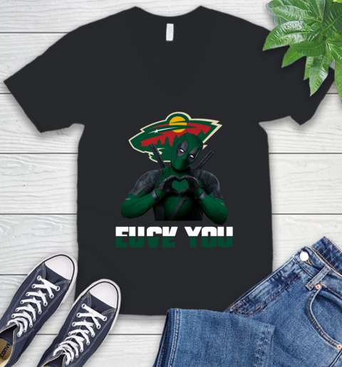 NHL Minnesota Wild Deadpool Love You Fuck You Hockey Sports V-Neck T-Shirt
