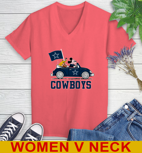 NFL Football Dallas Cowboys Pluto Mickey Driving Disney Shirt Women's V-Neck T-Shirt 7