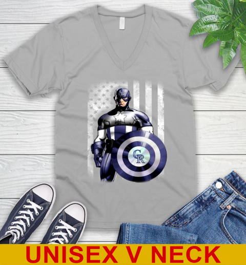 Colorado Rockies MLB Baseball Captain America Marvel Avengers American Flag Shirt V-Neck T-Shirt 3