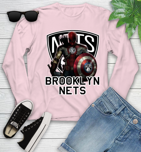 Brooklyn Nets NBA Basketball Captain America Thor Spider Man Hawkeye Avengers Youth Long Sleeve 10