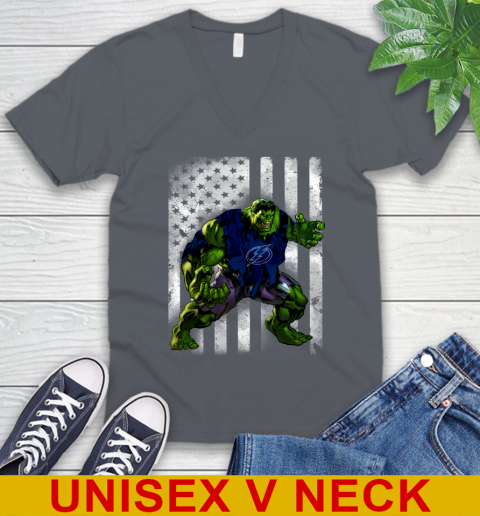 Tampa Bay Lightning Hulk Marvel Avengers NHL Hockey American Flag V-Neck T-Shirt 4