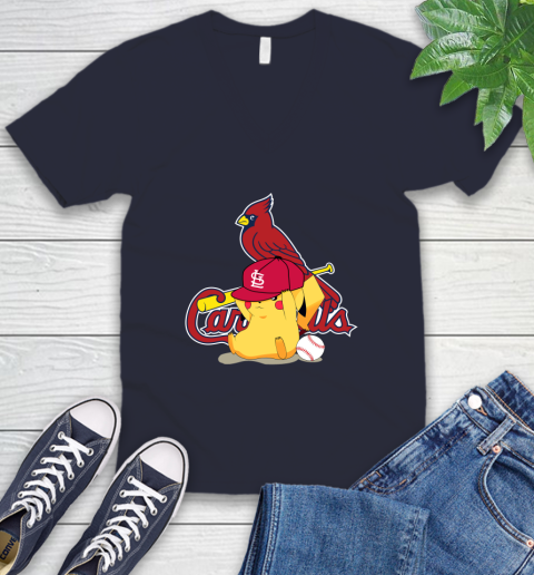 MLB Pikachu Baseball Sports St.Louis Cardinals V-Neck T-Shirt 3