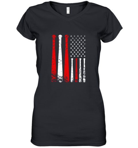 Baseball Inspired American Flag Distressed Women's V-Neck T-Shirt