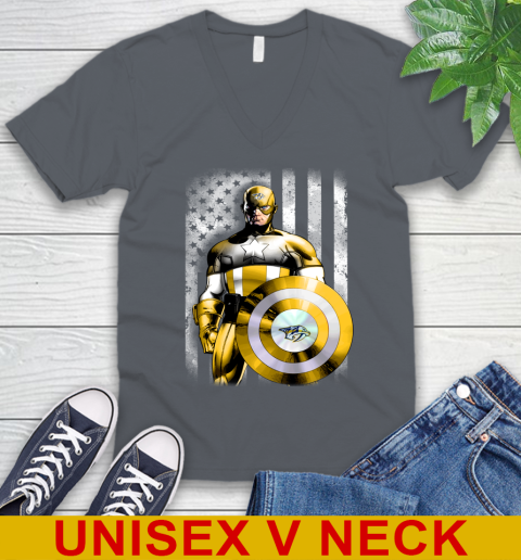 Nashville Predators NHL Hockey Captain America Marvel Avengers American Flag Shirt V-Neck T-Shirt - Image 5