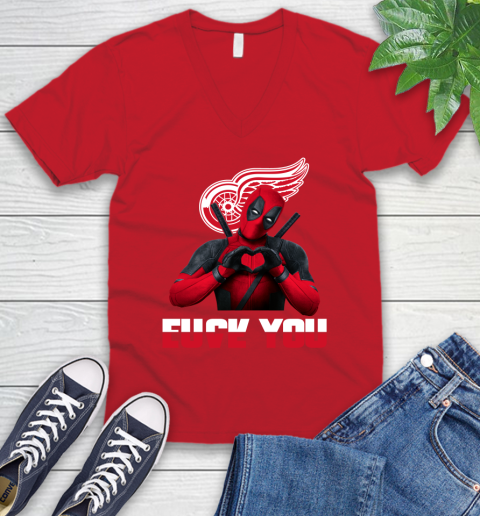 NHL Detroit Red Wings Deadpool Love You Fuck You Hockey Sports V-Neck T-Shirt 6