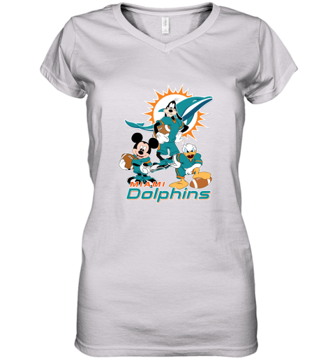 Mickey Donald Goofy The Three Miami Dolphins Football Women's V-Neck T-Shirt