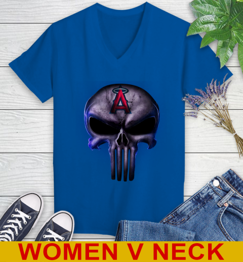 Los Angeles Angels MLB Baseball Punisher Skull Sports Women's V-Neck T-Shirt 9