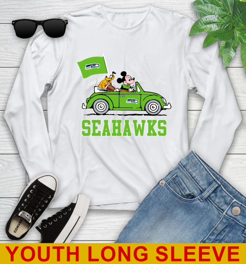 NFL Football Seattle Seahawks Pluto Mickey Driving Disney Shirt Youth Long Sleeve