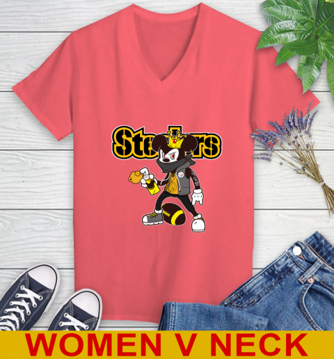 Pittsburgh Steelers NFL Football Mickey Peace Sign Sports Women's V-Neck T-Shirt 7