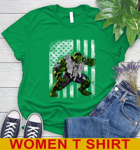 Brooklyn Nets Hulk Marvel Avengers NBA Basketball American Flag Women's T-Shirt 7
