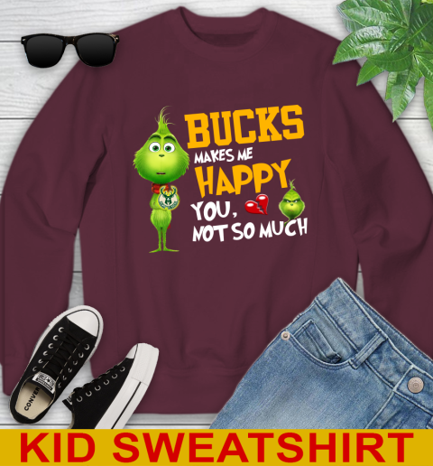 NBA Milwaukee Bucks Makes Me Happy You Not So Much Grinch Basketball Sports Youth Sweatshirt 4