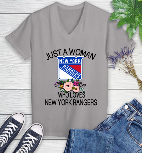 NHL Just A Woman Who Loves New York Rangers Hockey Sports Women's V-Neck T-Shirt 2