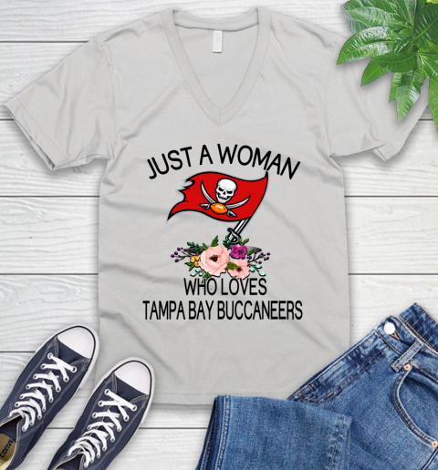 NFL Just A Woman Who Loves Tampa Bay Buccaneers Football Sports V-Neck T-Shirt