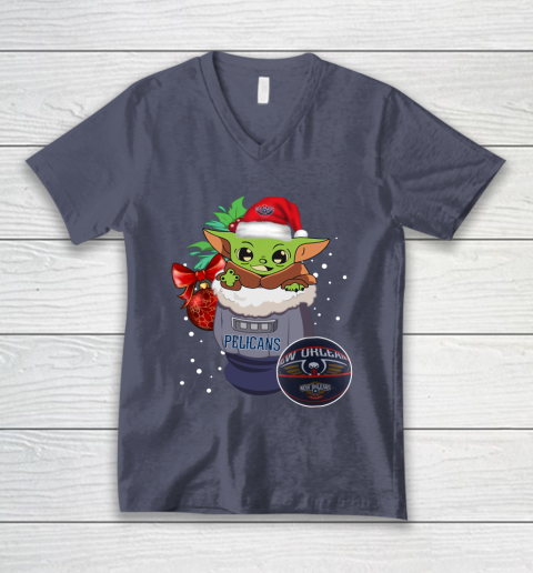 New Orleans Pelicans Christmas Baby Yoda Star Wars Funny Happy NBA V-Neck T-Shirt 8