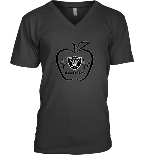 Apple Heartbeat Teacher Symbol Oakland Raiders V-Neck T-Shirt
