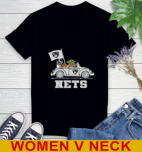 NBA Basketball Brooklyn Nets Darth Vader Baby Yoda Driving Star Wars Shirt Women's V-Neck T-Shirt 2