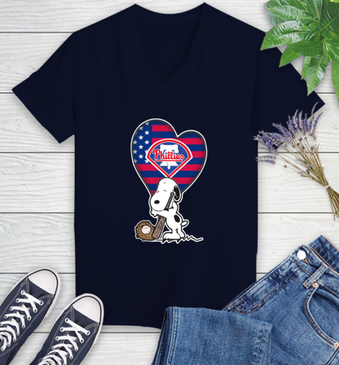 Philadelphia Phillies MLB Baseball The Peanuts Movie Adorable Snoopy Women's V-Neck T-Shirt 3