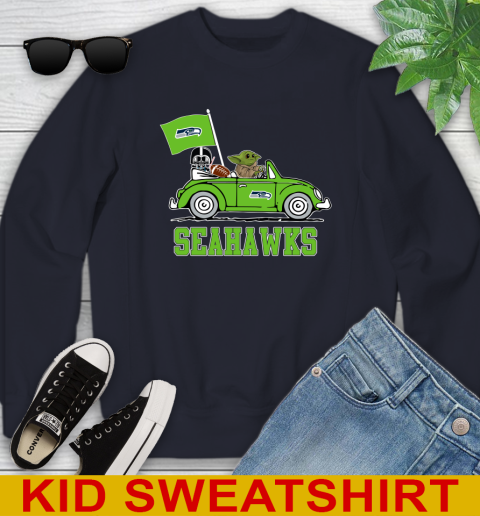NFL Football Seattle Seahawks Darth Vader Baby Yoda Driving Star Wars Shirt Youth Sweatshirt 3