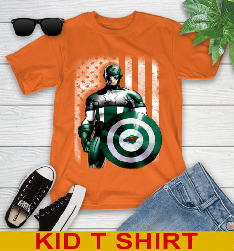 Minnesota Wild NHL Hockey Captain America Marvel Avengers American Flag Shirt Youth T-Shirt - Image 9