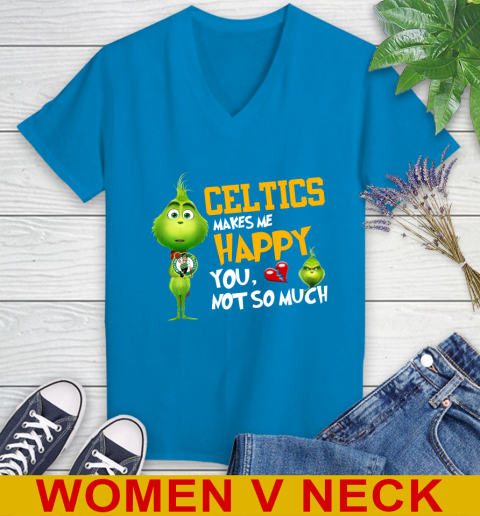 NBA Boston Celtics Makes Me Happy You Not So Much Grinch Basketball Sports Women's V-Neck T-Shirt 7