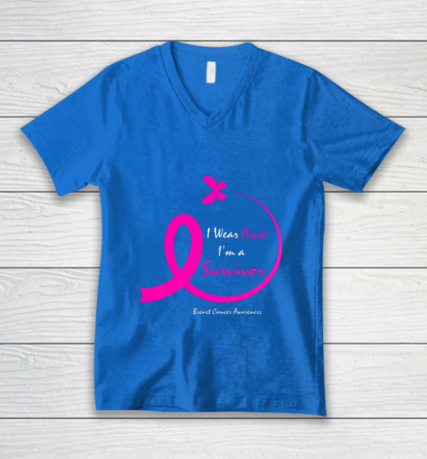 Womens Butterfly I Wear Pink I m A Survivor Breast Cancer Awareness V-Neck T-Shirt 5