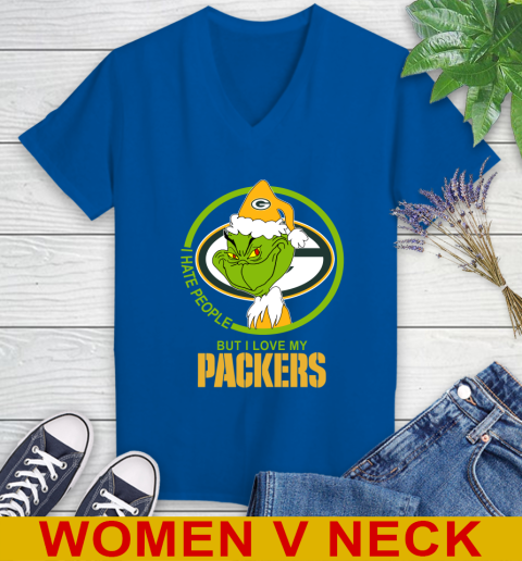 Green Bay Packers NFL Christmas Grinch I Hate People But I Love My Favorite Football Team Women's V-Neck T-Shirt 11