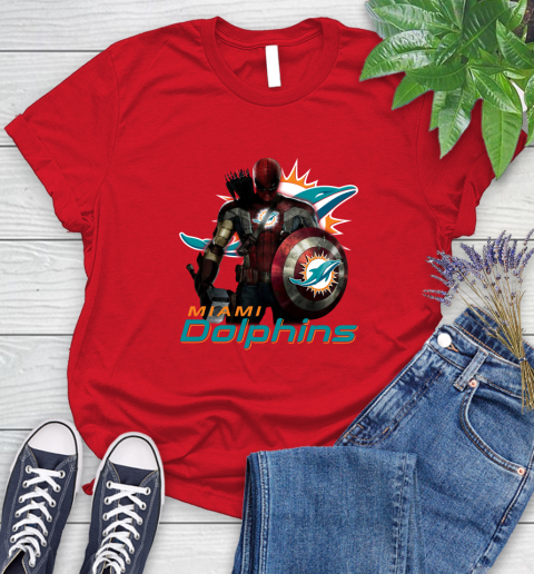 NFL Captain America Thor Spider Man Hawkeye Avengers Endgame Football Miami Dolphins Women's T-Shirt 9