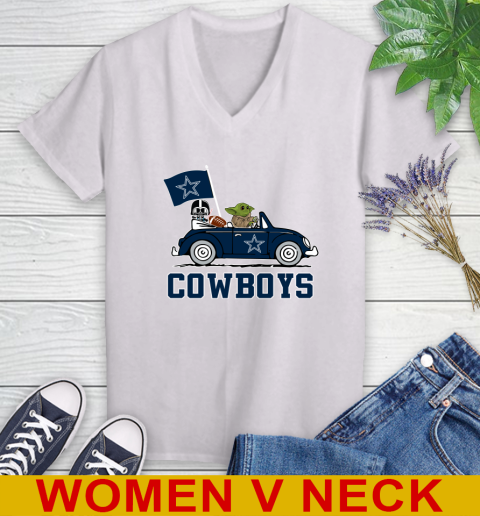 NFL Football Dallas Cowboys Darth Vader Baby Yoda Driving Star Wars Shirt Women's V-Neck T-Shirt