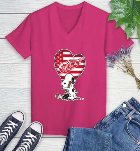Detroit Red Wings NHL Hockey The Peanuts Movie Adorable Snoopy Women's V-Neck T-Shirt 9