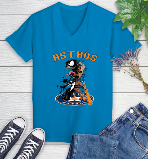 MLB Houston Astros Baseball Venom Groot Guardians Of The Galaxy Women's V-Neck T-Shirt 7