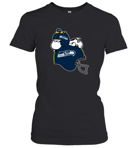 Snoopy And Woodstock Resting On Seattle Seahawks Helmet Women's T-Shirt