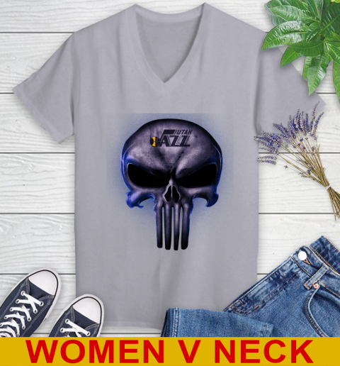 Utah Jazz NBA Basketball Punisher Skull Sports Women's V-Neck T-Shirt 4