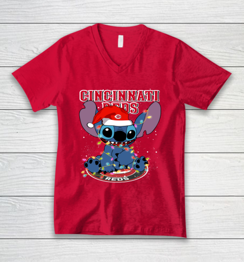 Cincinnati Reds MLB noel stitch Baseball Christmas V-Neck T-Shirt 3