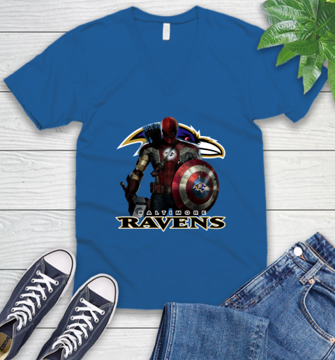 NFL Captain America Thor Spider Man Hawkeye Avengers Endgame Football Baltimore Ravens V-Neck T-Shirt 6