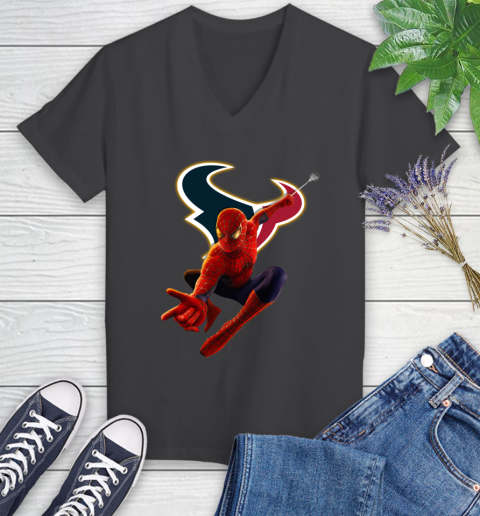 NFL Spider Man Avengers Endgame Football Houston Texans Women's V-Neck T-Shirt 8