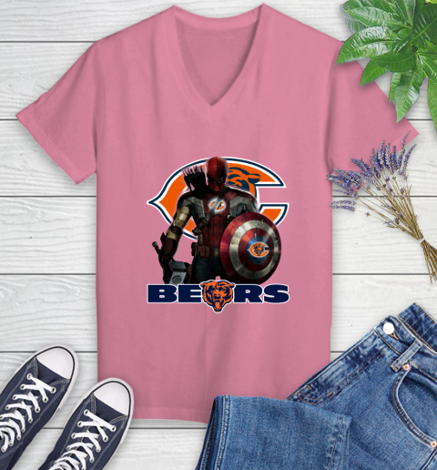NFL Captain America Thor Spider Man Hawkeye Avengers Endgame Football Chicago Bears Women's V-Neck T-Shirt 13