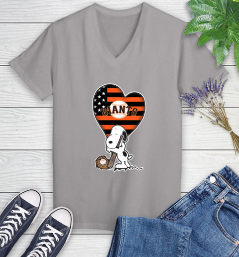 San Francisco Giants MLB Baseball The Peanuts Movie Adorable Snoopy Women's V-Neck T-Shirt 4