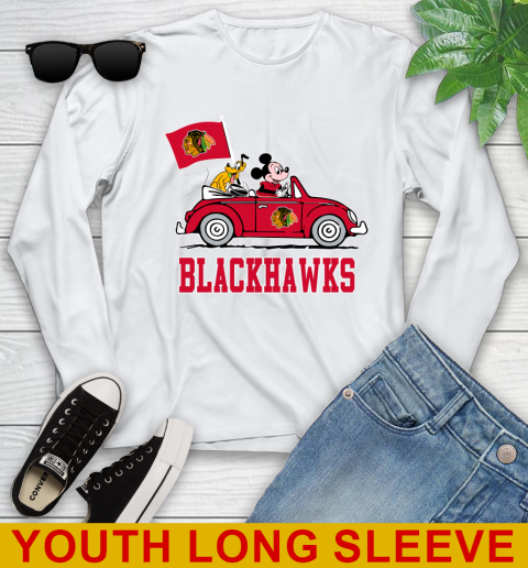 NHL Hockey Chicago Blackhawks Pluto Mickey Driving Disney Shirt Youth Long Sleeve
